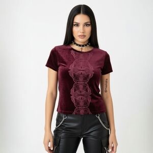 Free People Burgundy Velvet Baby Tee - Baroque Style - Gothic Y2K Punk - Size S